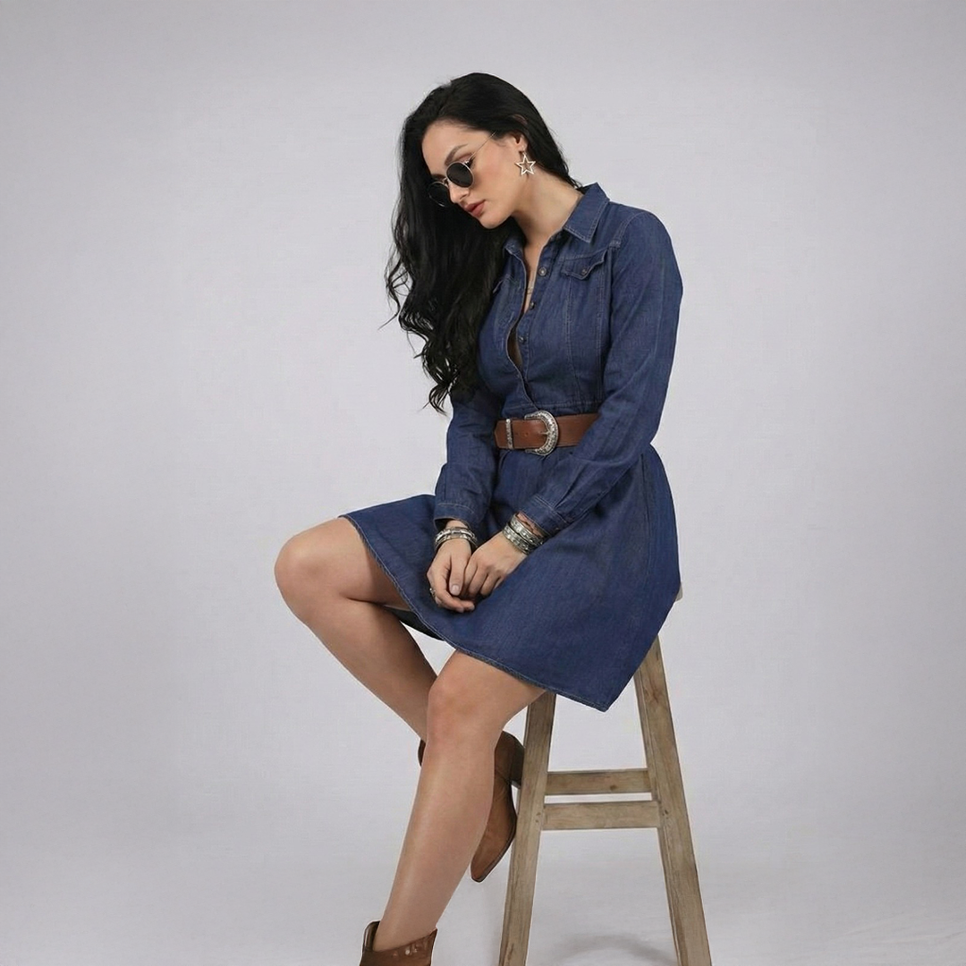Denim Collar Dress for Women – 98% Cotton, Stretch Fit | Premium Everyday Wear