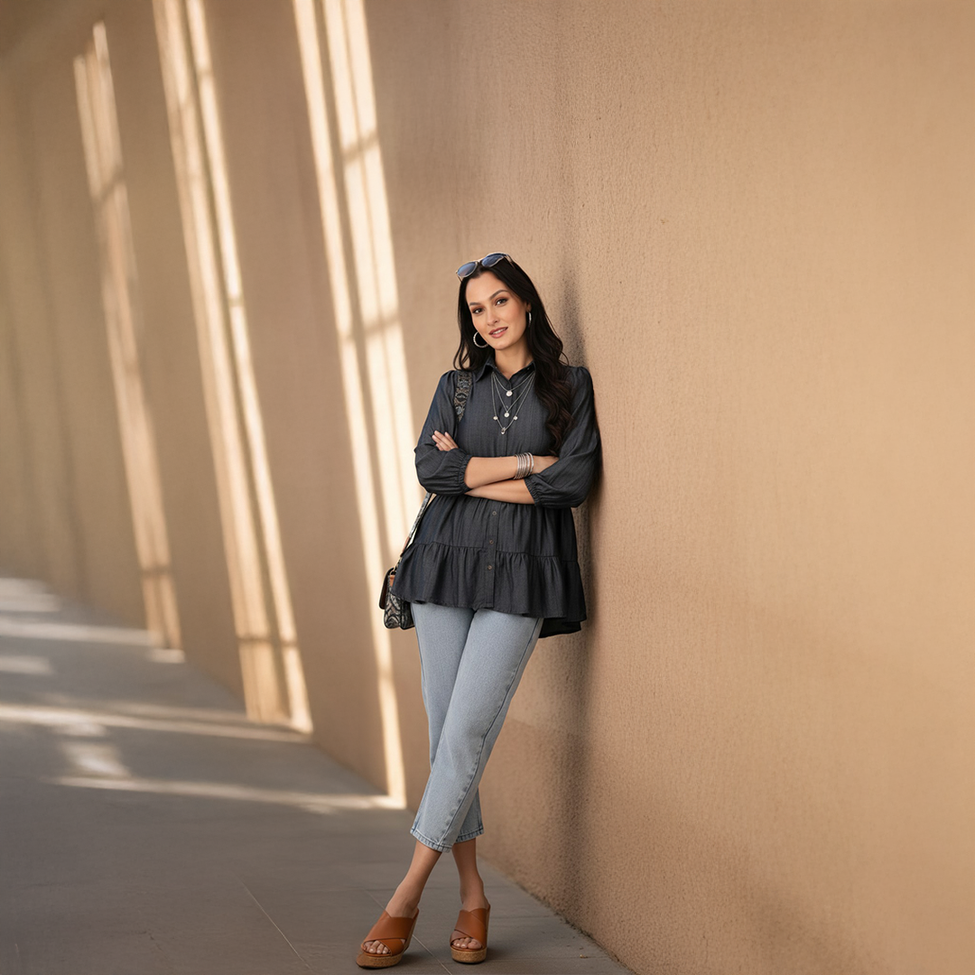 Denim Row Wash Top for Women – Cotton Lycra | Stylish & Comfortable