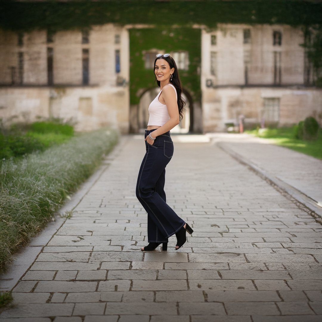 EAWD002 Mid Rise Flared Blue Jeans – Women’s Cotton Lycra Denim