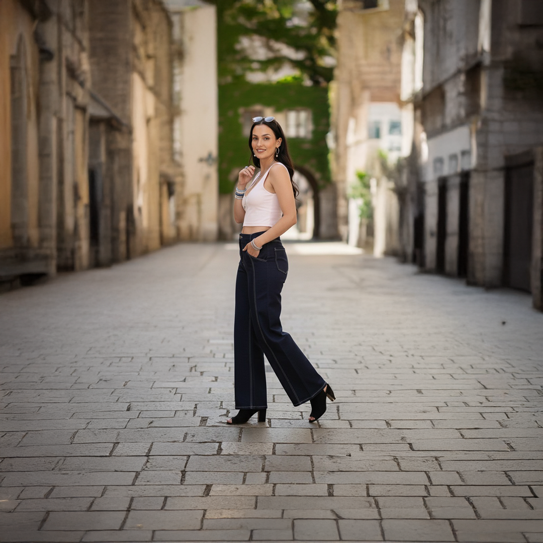 EAWD004 Pleated Wide Leg Jeans – Middle Waist | Cotton Lycra Denim