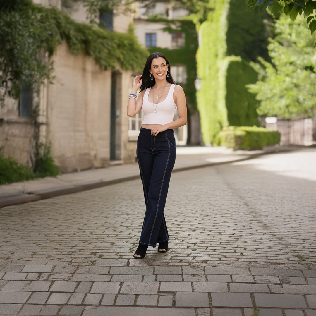 EAWD004 Pleated Wide Leg Jeans – Middle Waist | Cotton Lycra Denim