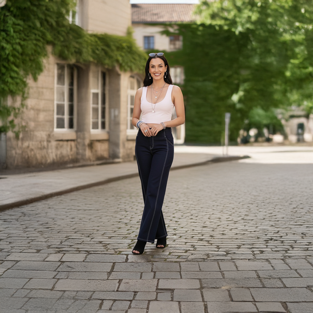 EAWD004 Pleated Wide Leg Jeans – Middle Waist | Cotton Lycra Denim